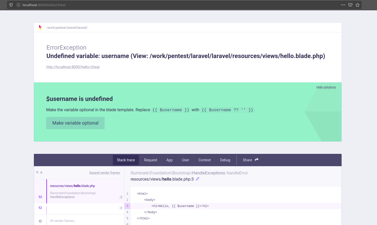 Return exception error message into a variable Laravel - Stack Overflow